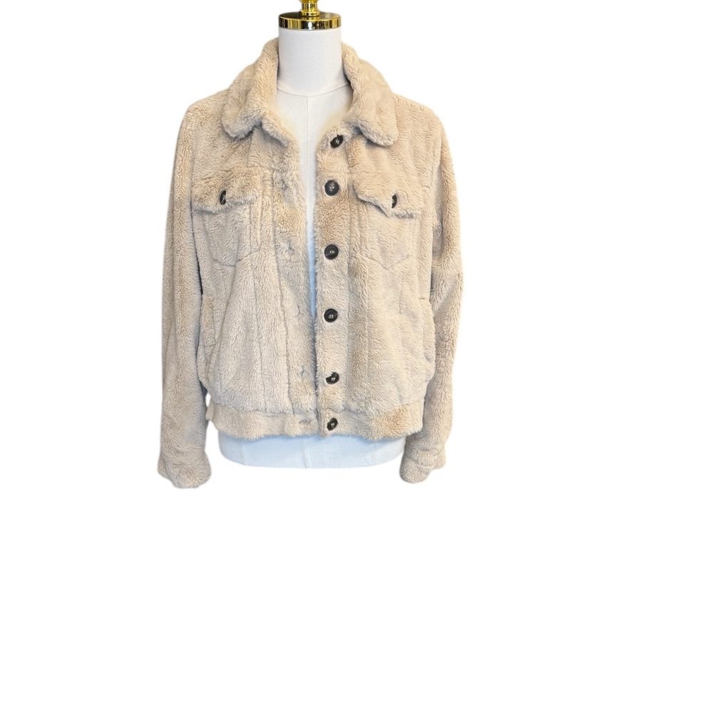 Ci Sono Faux Fur Sherpa Teddy Trucker Jacket Cream Beige Size Large